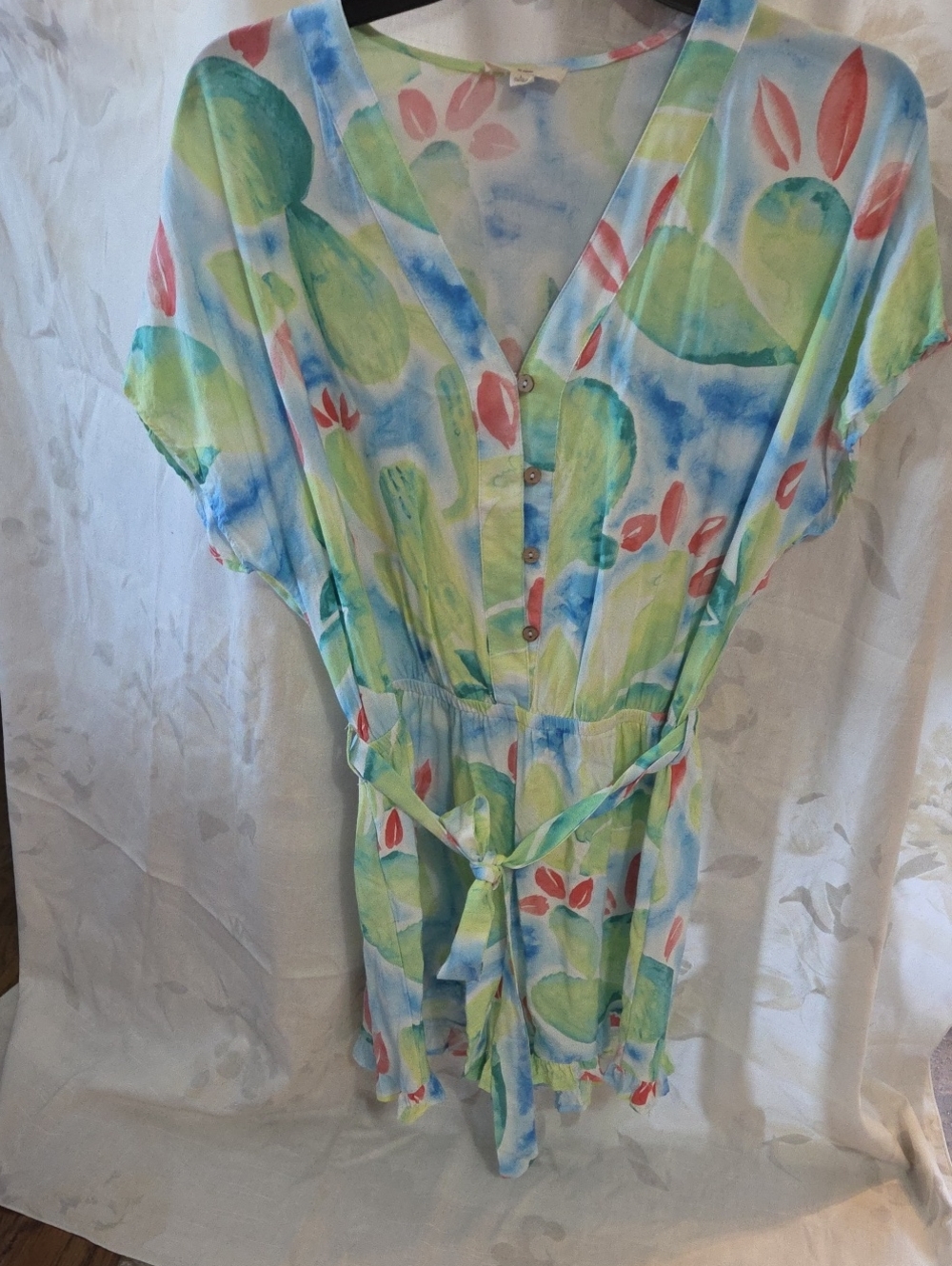 easel Floral V-Neck Romper in Blue, Green & Pink
